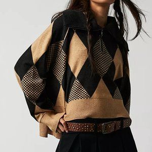 Free people Lucy Half Zip Pullover Sweater Sweatshirt Tan Black harlequin S nwt